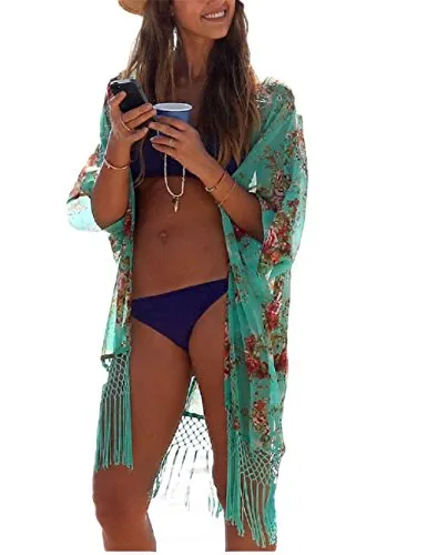 Bsubseach Women's Blue Print Chiffon Bikini Swimsuit Cover Ups