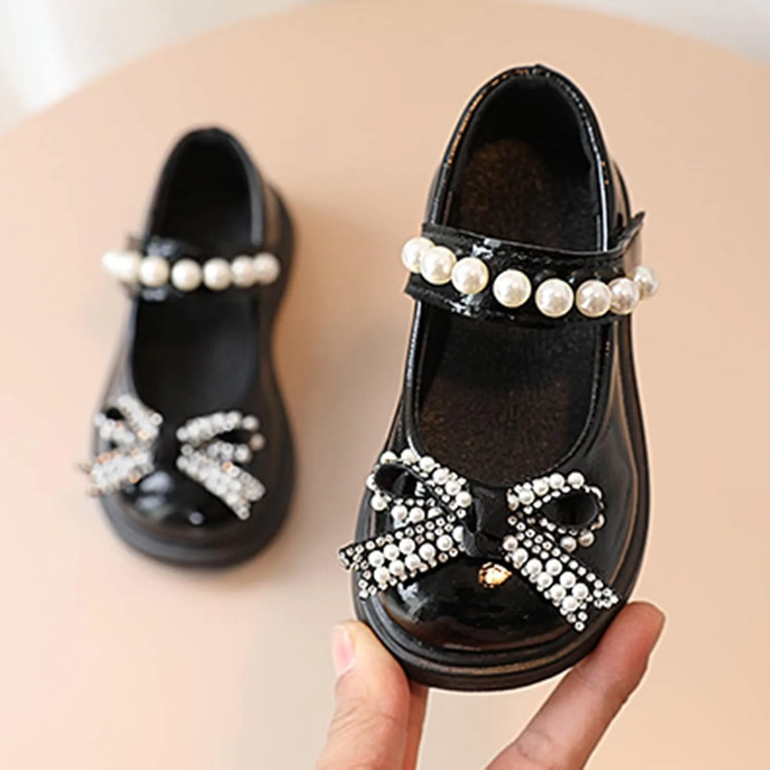 Girls Round Toe Ankle Strap Mary Jane School Shoes with Bow Kids Pearl Strap Chunky Platform Ballet Dress Shoes