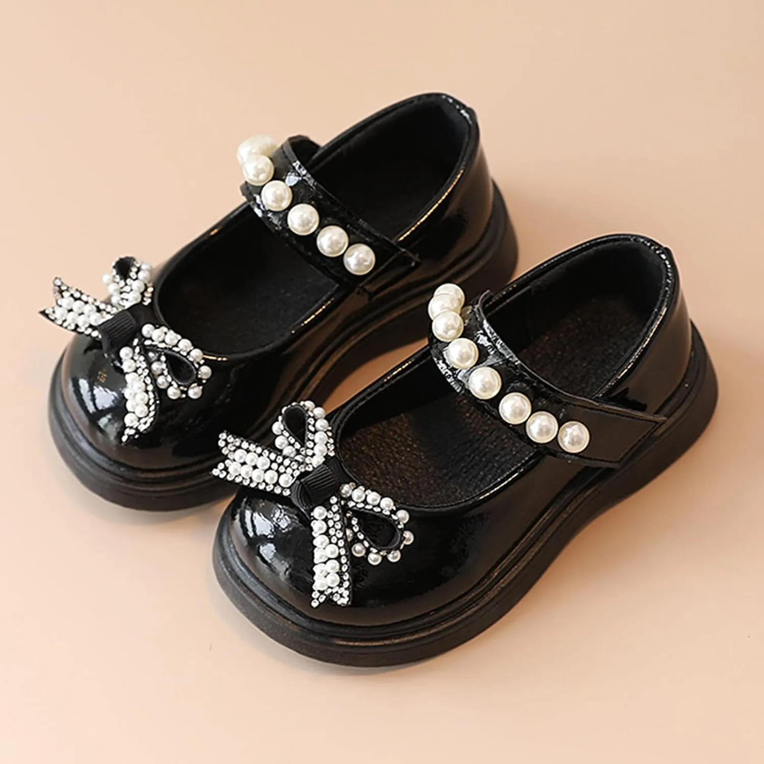 Girls Round Toe Ankle Strap Mary Jane School Shoes with Bow Kids Pearl Strap Chunky Platform Ballet Dress Shoes