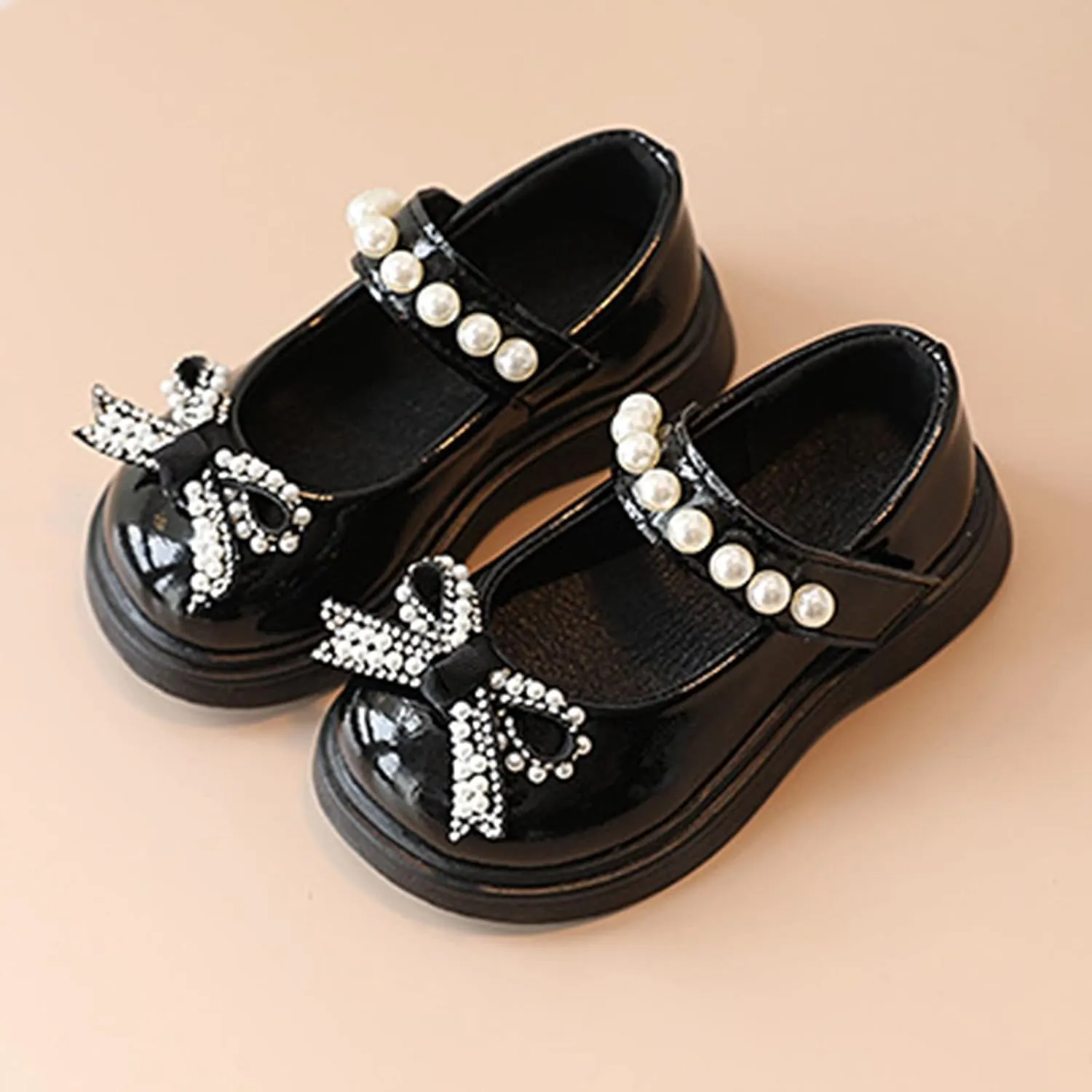 Girls Round Toe Ankle Strap Mary Jane School Shoes with Bow Kids Pearl Strap Chunky Platform Ballet Dress Shoes