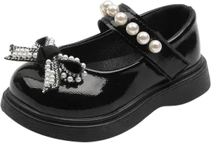 Girls Round Toe Ankle Strap Mary Jane School Shoes with Bow Kids Pearl Strap Chunky Platform Ballet Dress Shoes