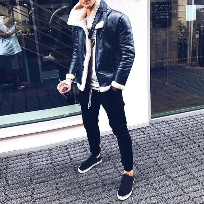 Mens PU Leather Fleece Lined Jacket