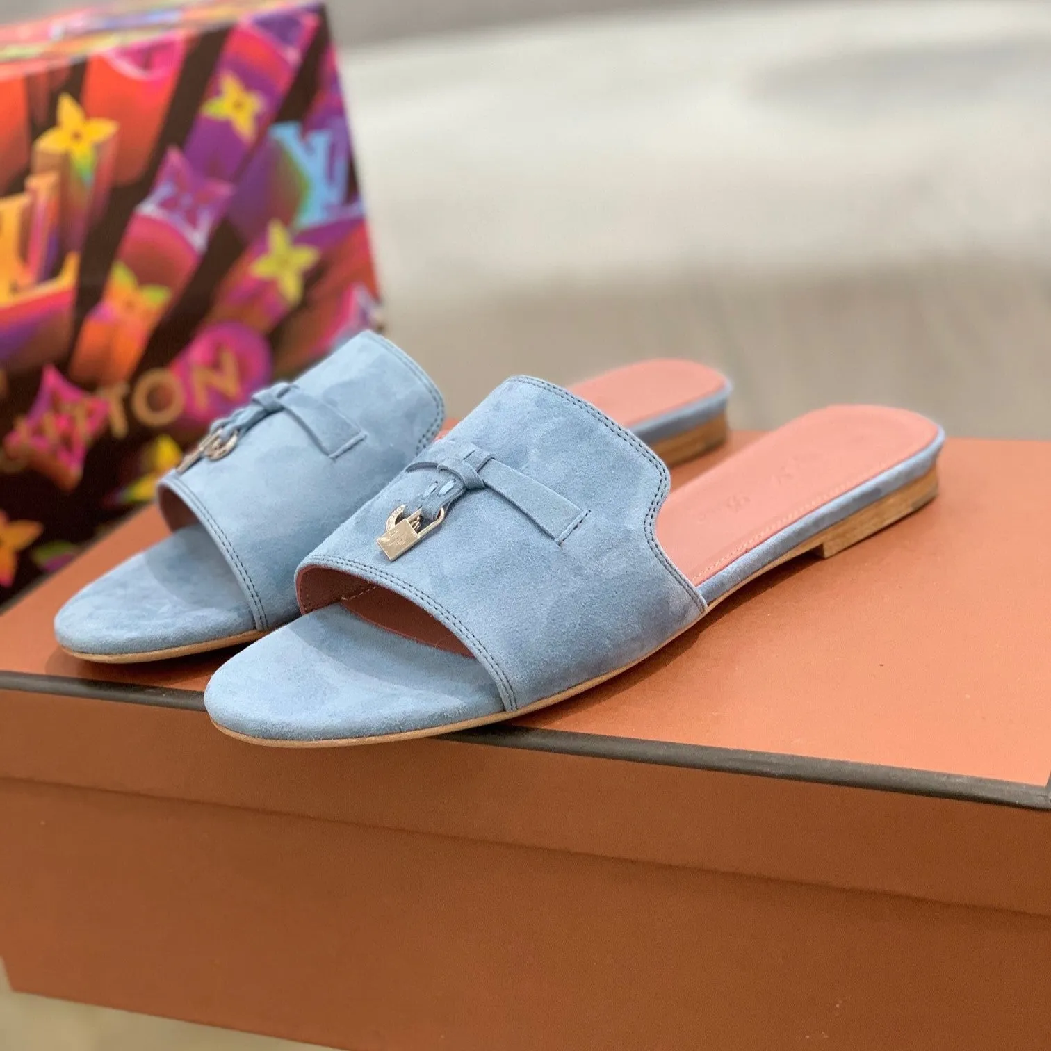 Summer Charms Sandals in Sky Blue Suede Pink Lambskin