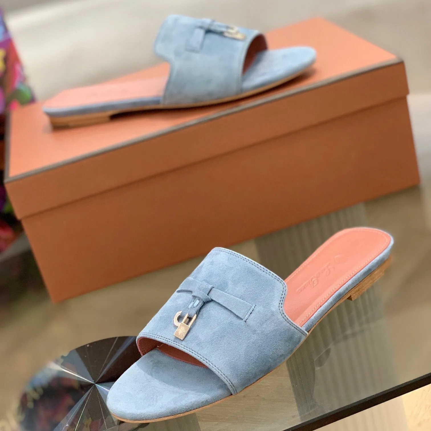 Summer Charms Sandals in Sky Blue Suede Pink Lambskin