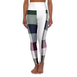 Women's Yoga Pants, White Multicolor Plaid Print High Waist Fitness